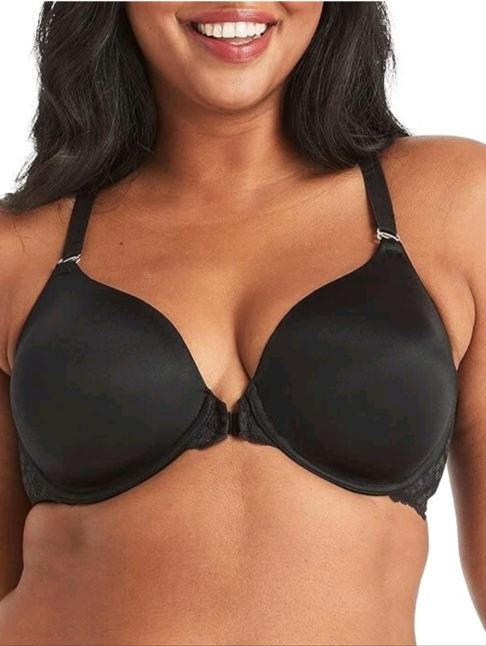 Maidenform Black Front-Close T-Shirt Bra with Light Lace Trim